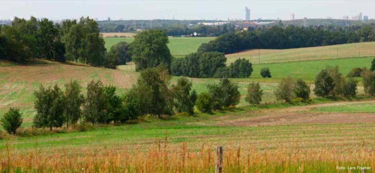 Landschaft mit leichten Hügeln und Blick auf Silhouette von Leipzig